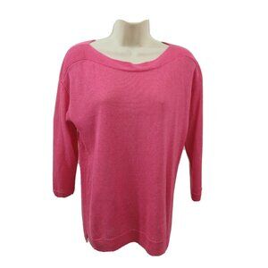 TALBOTS Pink Top Size M Petite Boat Neck 3/4 Sleeve Open Knit 100% Linen
